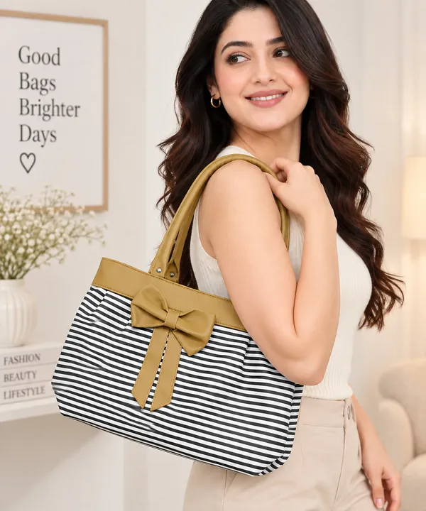 Camel_Synthetic_Leather_Striped_Bow_Tote_Bag_For_Women