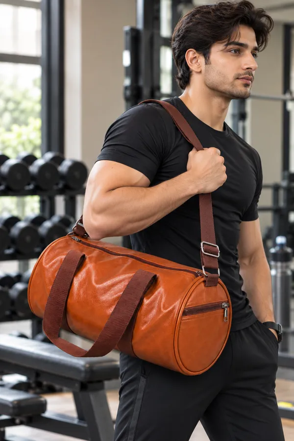 Tan_Synthetic_Leather_Duffle_Gym_Bag_For_Unisex