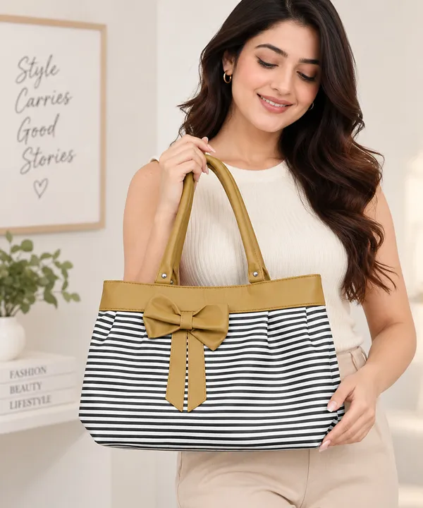 Camel_Synthetic_Leather_Striped_Bow_Tote_Bag_For_Women