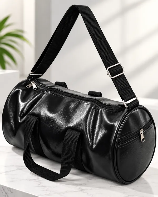 Black_Synthetic_Leather_Duffle_Gym_Bag_For_Unisex
