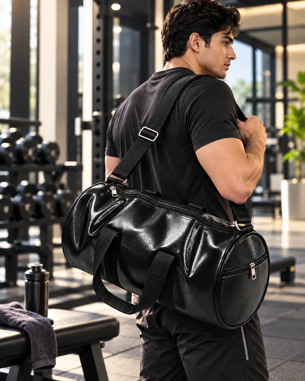 Black_Synthetic_Leather_Duffle_Gym_Bag_For_Unisex