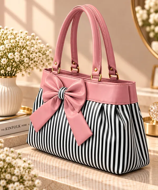Pink_Synthetic_Leather_Striped_Bow_Tote_Bag_For_Women