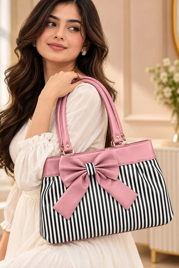 Pink_Synthetic_Leather_Striped_Bow_Tote_Bag_For_Women