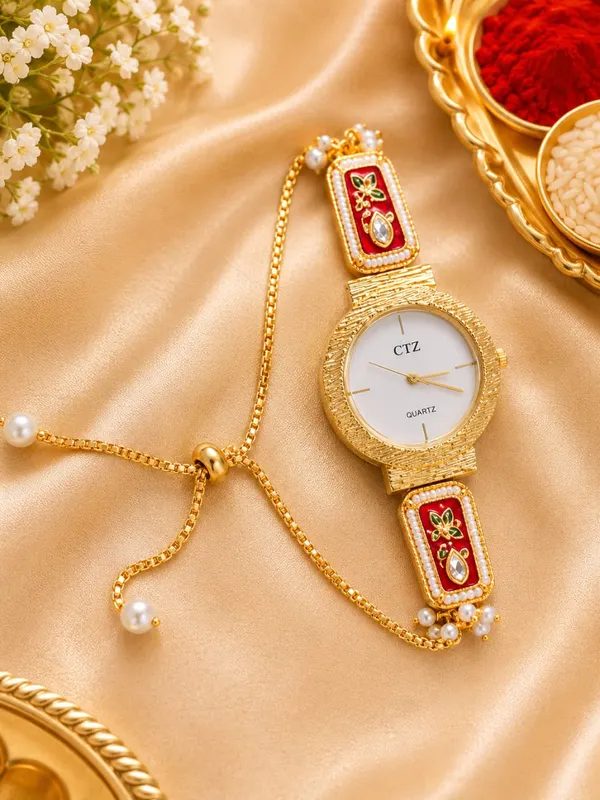 Gold_Tone_Red_Embellished_Quartz_Watch_For_Women