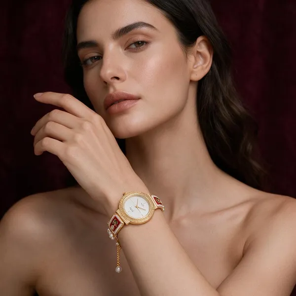 Gold_Tone_Red_Embellished_Quartz_Watch_For_Women