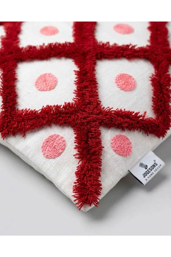 White_Red_Tufted_Geometric_Square_Cushion_Cover