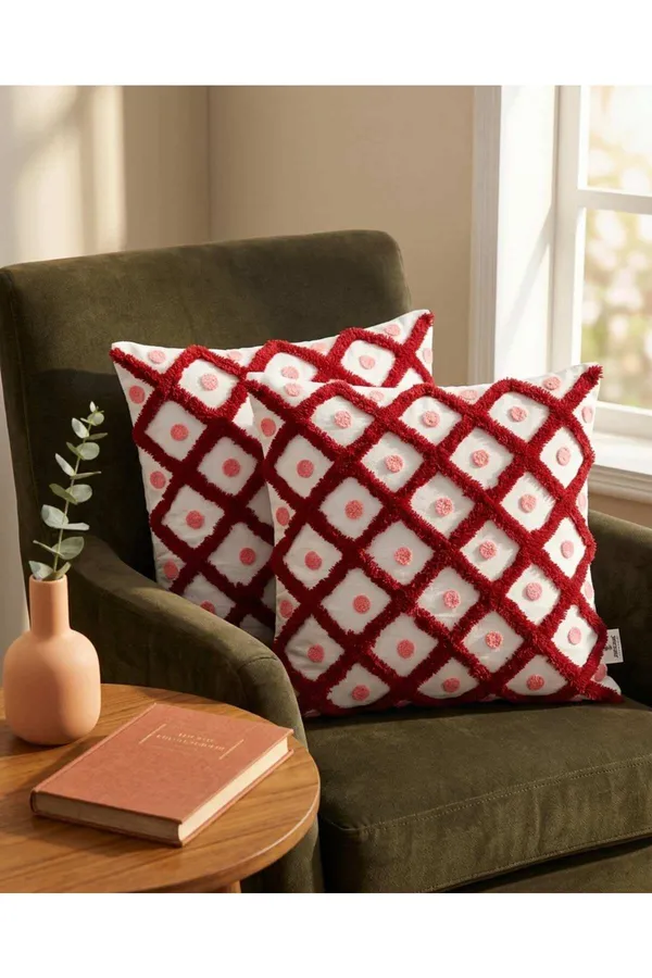 White_Red_Tufted_Geometric_Square_Cushion_Cover