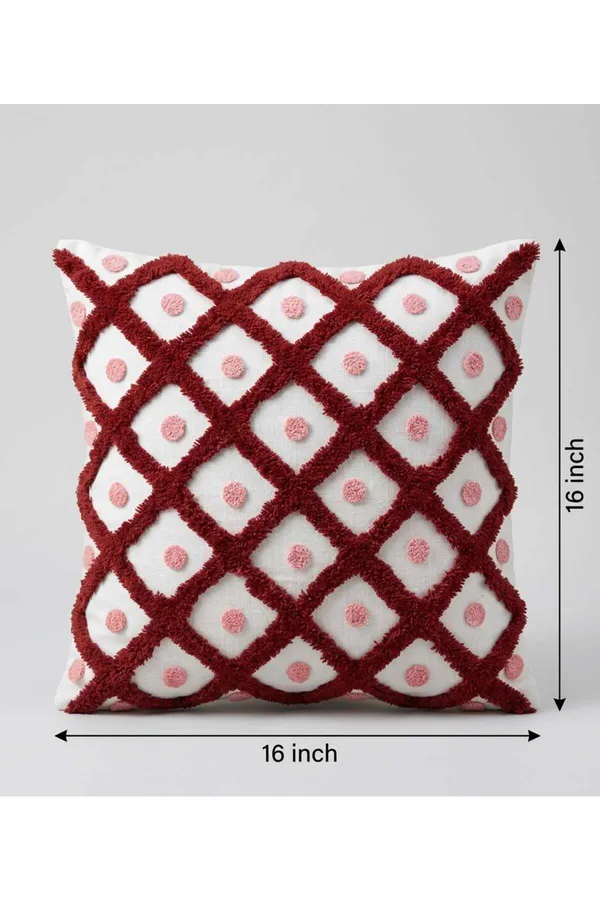 White_Red_Tufted_Geometric_Square_Cushion_Cover