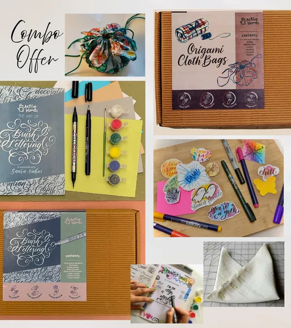 Active_Hands_Combo_Handmade_Reusable_Origami_Cloth_Bags_And_Brush_Lettering_Diy_Kit_With_Instructive_Workbook_Brush_Pens_Lettering_Ideas_Stickers