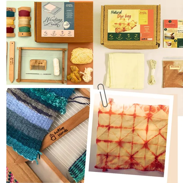 Active_Hands_Combo_Wood_Diy_Weaving_Loom_And_Natural_Dye_Kit_Bagwith_Wooden_Needles_Wrap_Thread_Crochet_Hook_Recycled_Fabric_1x_Wooden_Loom_2x_Wooden_Needles_6_Coloured_Yarns_Wrap_Thread