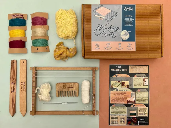 Active_Hands_Combo_Wood_Diy_Weaving_Loom_And_Natural_Dye_Kit_Bagwith_Wooden_Needles_Wrap_Thread_Crochet_Hook_Recycled_Fabric_1x_Wooden_Loom_2x_Wooden_Needles_6_Coloured_Yarns_Wrap_Thread