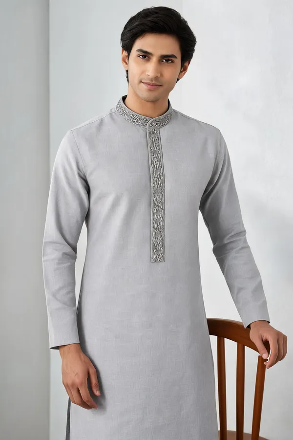 Grey_Textured_Regular_Fit_Kurta_For_Men