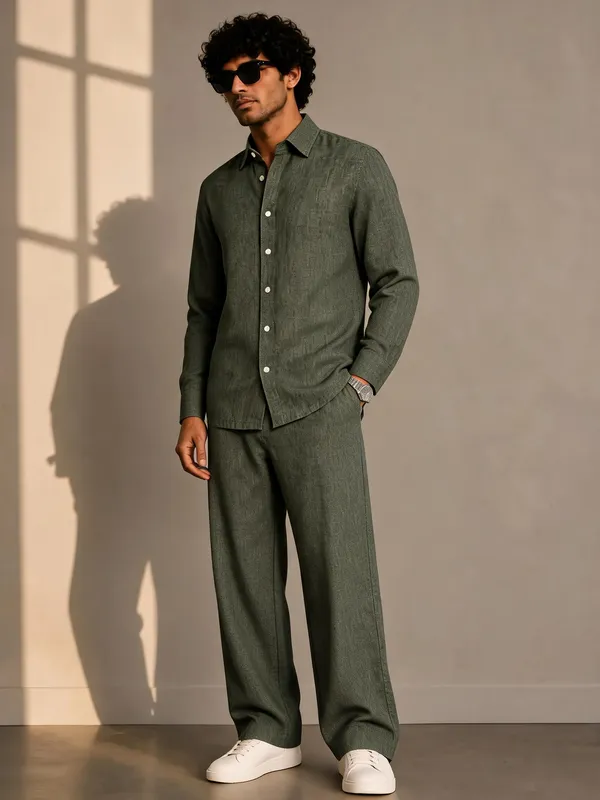 Olive_Textured_Relaxed_Fit_Shirt_And_Trousers_Set_For_Men
