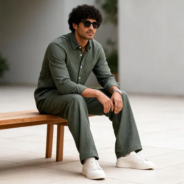 Olive_Textured_Relaxed_Fit_Shirt_And_Trousers_Set_For_Men
