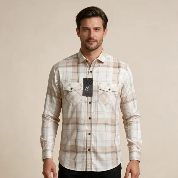 Cream_Checkered_Collared_Shirt_For_Men