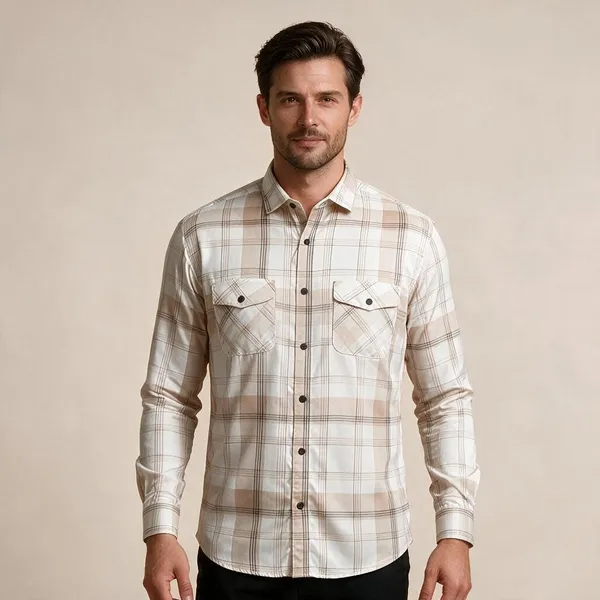 Cream_Checkered_Collared_Shirt_For_Men