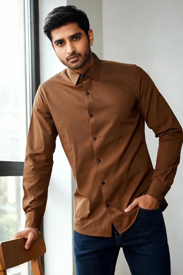 Brown_Solid_Long_Sleeve_Shirt_For_Men