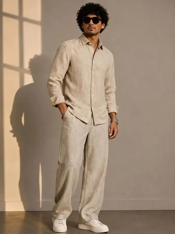 Beige_Linen_Relaxed_Fit_Shirt_And_Trousers_Set_For_Men