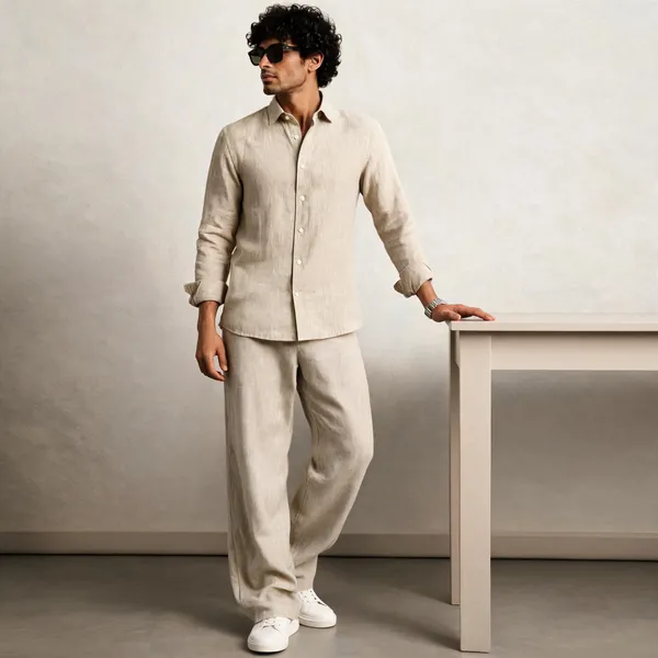 Beige_Linen_Relaxed_Fit_Shirt_And_Trousers_Set_For_Men