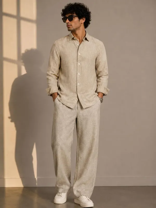 Beige_Linen_Relaxed_Fit_Shirt_And_Trousers_Set_for_Men