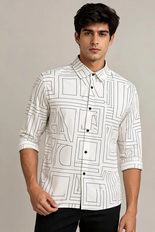 White_Geometric_Print_Casual_Shirt_For_Men