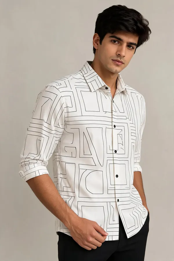 White_Geometric_Print_Casual_Shirt_For_Men