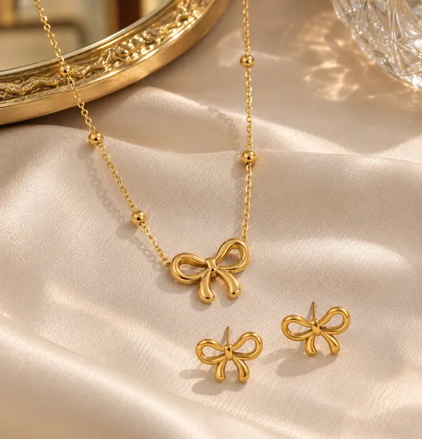 Gold_Plated_Stainless_Steel_Bow_Pendant_Necklace_Earrings_Set_For_Women