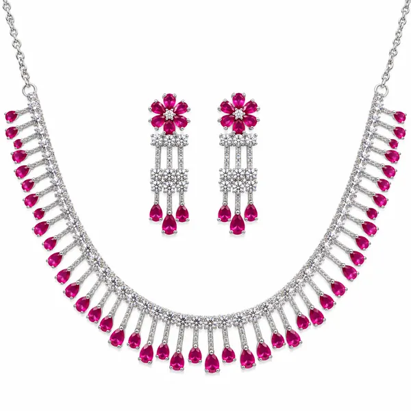 Silver_Tone_Pink_Stone_Necklace_And_Earrings_Set_For_Women