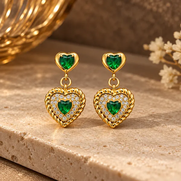 Gold_Plated_Stainless_Steel_Green_Crystal_Heart_Drop_Earrings_For_Women