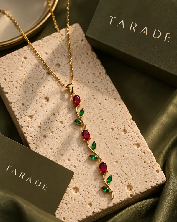 Gold_Plated_Stainless_Steel_Red_Green_Stone_Botanical_Pendant_Necklace_For_Women