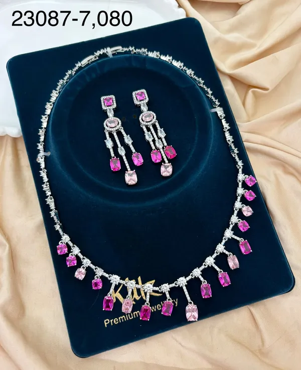 Silver_Tone_Brass_Pink_Stone_Necklace_And_Earrings_Set_For_Women