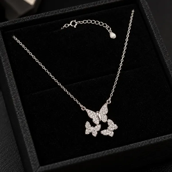 Silver_925_Triple_Butterfly_Cluster_Pendant_Necklace_For_Women