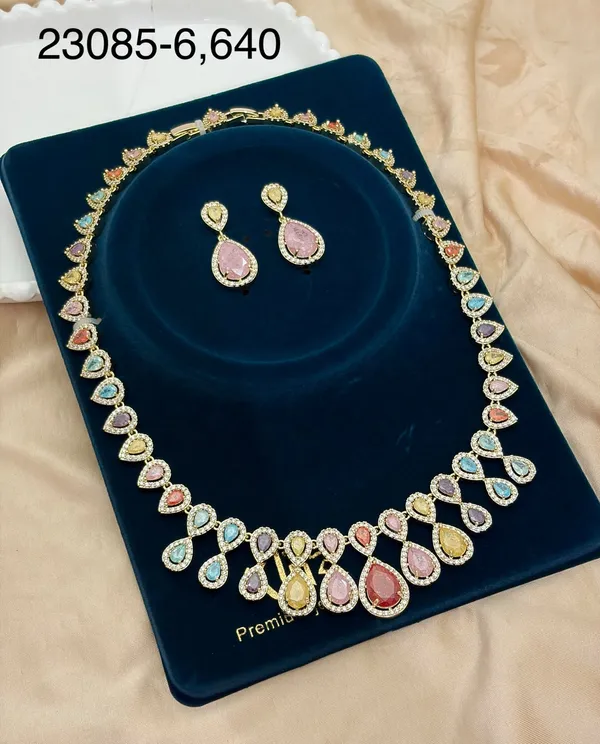 Brass_Gold_Tone_Multicolor_Stone_Teardrop_Necklace_And_Earrings_Set_For_Women