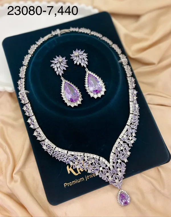 Silver_Tone_Brass_Purple_Stone_Necklace_And_Earrings_Set_For_Women