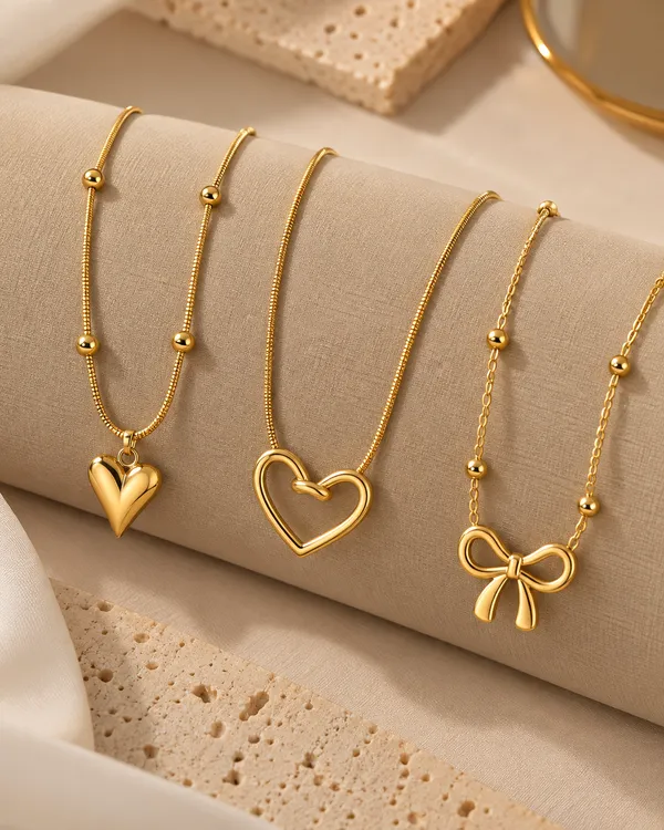 Gold_Tone_Stainless_Steel_Heart_Bow_Pendant_Necklace_Set_For_Women