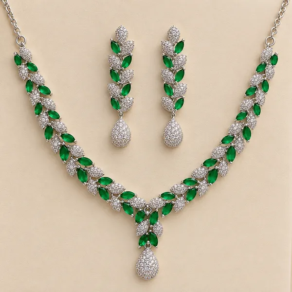 Silver_Tone_Green_Crystal_Necklace_And_Earrings_Set_For_Women