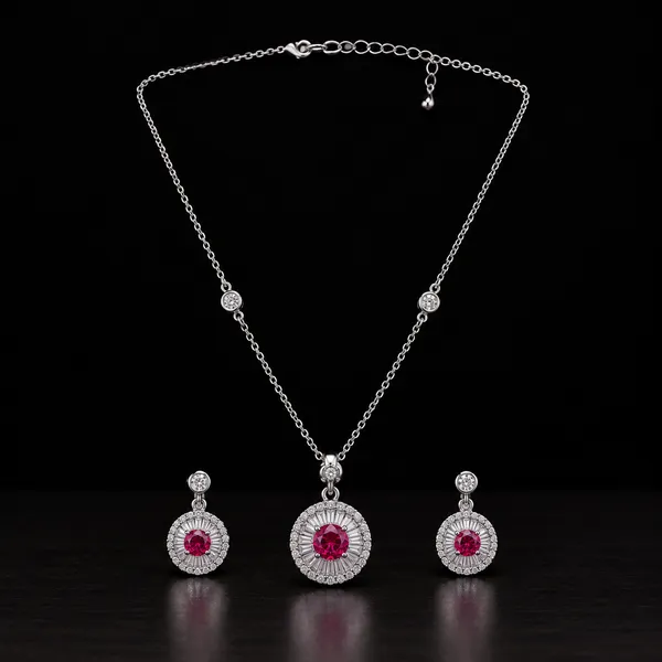 Silver_Tone_925_Red_Stone_Pendant_And_Earrings_Set_For_Women