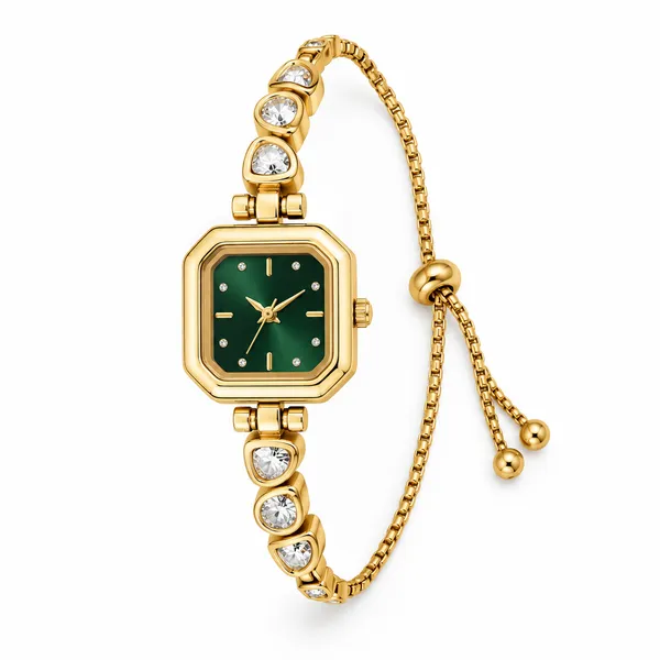 Gold_Plated_Stainless_Steel_Green_Dial_Bracelet_Watch_For_Women
