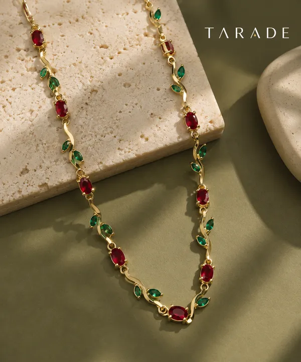 Gold_Plated_Stainless_Steel_Red_Green_Stone_Necklace_For_Women