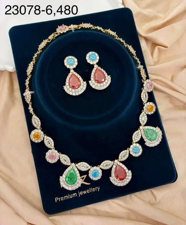 Multicolour_Gold_Tone_Brass_Leaf_Stone_Necklace_And_Earrings_Set_For_Women