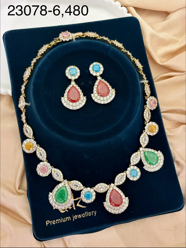 Multicolour_Brass_Teardrop_Stone_Necklace_And_Earrings_Set_For_Women