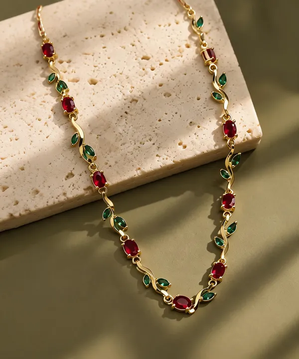 Gold_Plated_Stainless_Steel_Red_Green_Stone_Necklace_For_Women