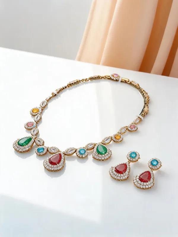 Multicolour_Brass_Teardrop_Stone_Necklace_And_Earrings_Set_For_Women