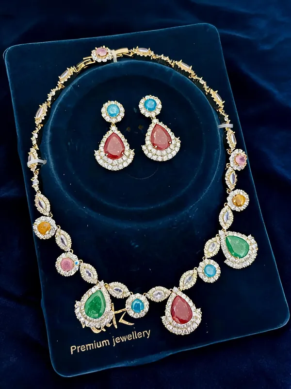 Multicolour_Brass_Teardrop_Stone_Necklace_And_Earrings_Set_For_Women