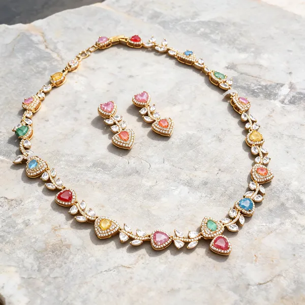 Multicolour_Gold_Tone_Brass_Heart_Stone_Necklace_And_Earrings_Set_For_Women