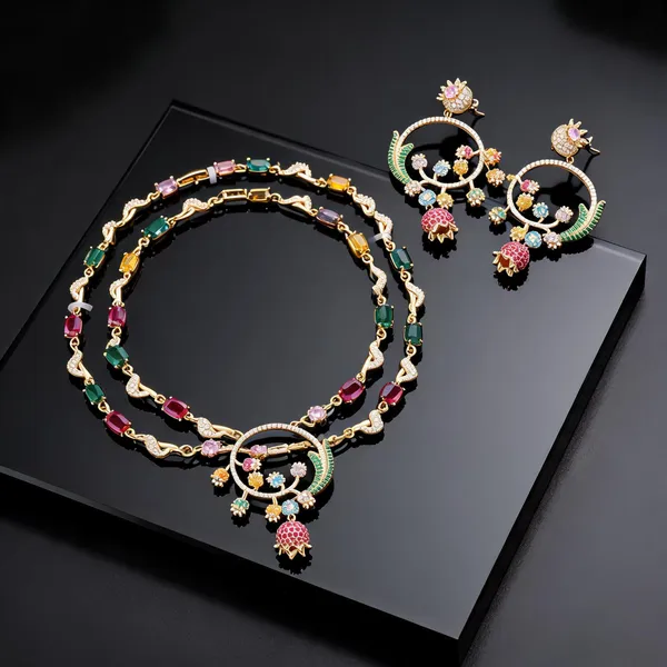 Multicolour_Gold_Tone_Brass_Floral_Necklace_And_Earrings_Set_For_Women