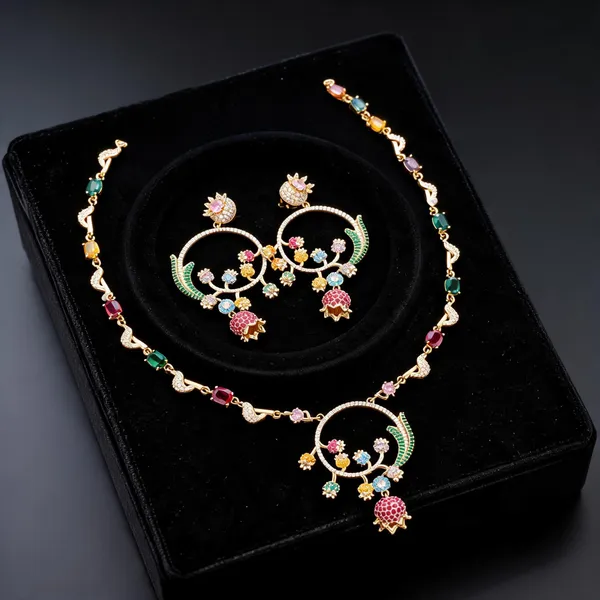 Multicolour_Gold_Tone_Brass_Floral_Necklace_And_Earrings_Set_For_Women