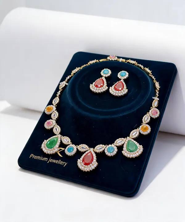 Multicolour_Gold_Tone_Brass_Leaf_Stone_Necklace_And_Earrings_Set_For_Women