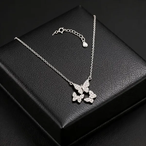 Silver_925_Triple_Butterfly_Cluster_Pendant_Necklace_For_Women