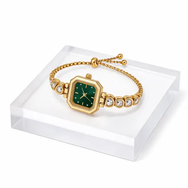 Gold_Plated_Stainless_Steel_Green_Dial_Bracelet_Watch_For_Women